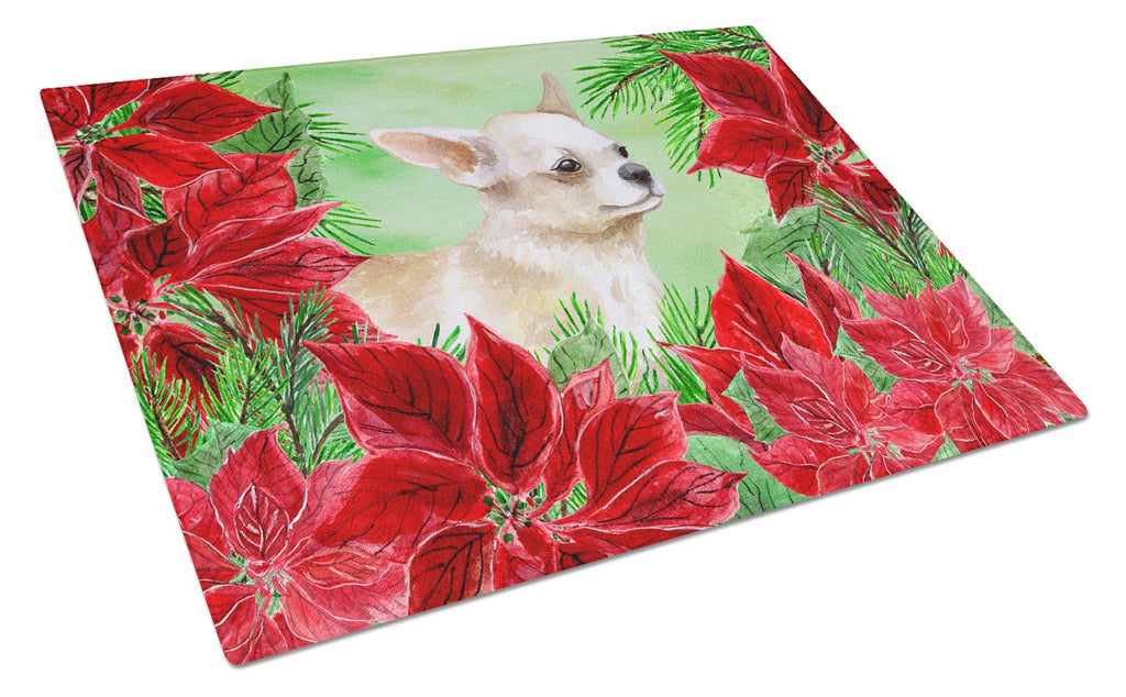 Chihuahua Leg up Poinsettas Cutting Board Tempered Glass Kitchen Cutting Surface, Heat Resistant Chopping, Non-Slip Feet, Food Prep & Serving