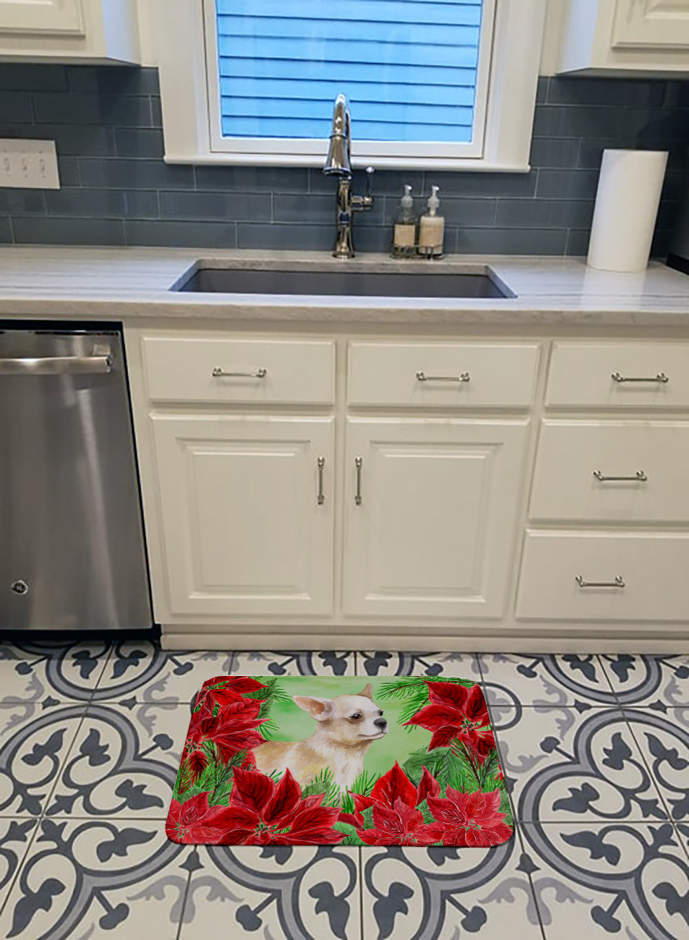 Chihuahua Leg up Poinsettas Memory Foam Kitchen Mat Machine Washable Anti-Fatigue Cushion Comfort Bath or Kitchen Rug