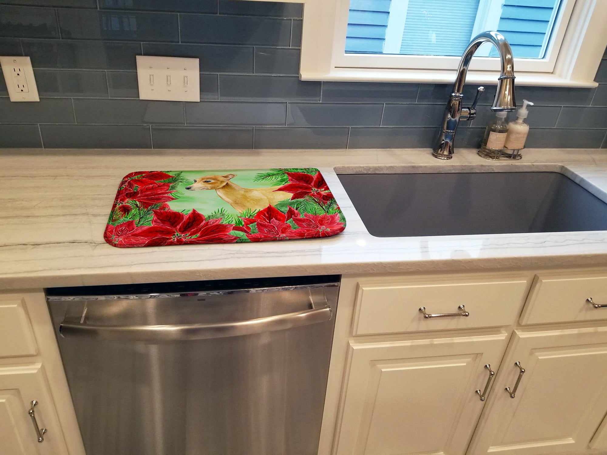 Italian Greyhound Poinsettas Dish Drying Mat Absorbent Dish Drying Mat Pad for Kitchen Counter Dish Drainer Mat for Countertop, 14 x 21", Multicolor