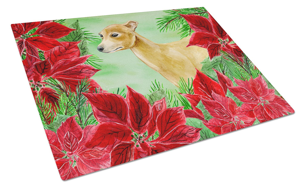 Italian Greyhound Poinsettas Cutting Board Tempered Glass Kitchen Cutting Surface, Heat Resistant Chopping, Non-Slip Feet, Food Prep & Serving
