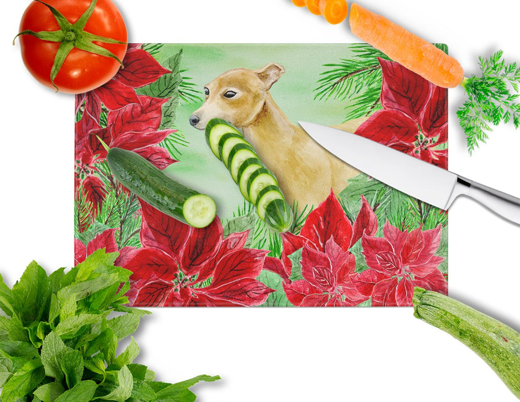 Italian Greyhound Poinsettas Cutting Board Tempered Glass Kitchen Cutting Surface, Heat Resistant Chopping, Non-Slip Feet, Food Prep & Serving