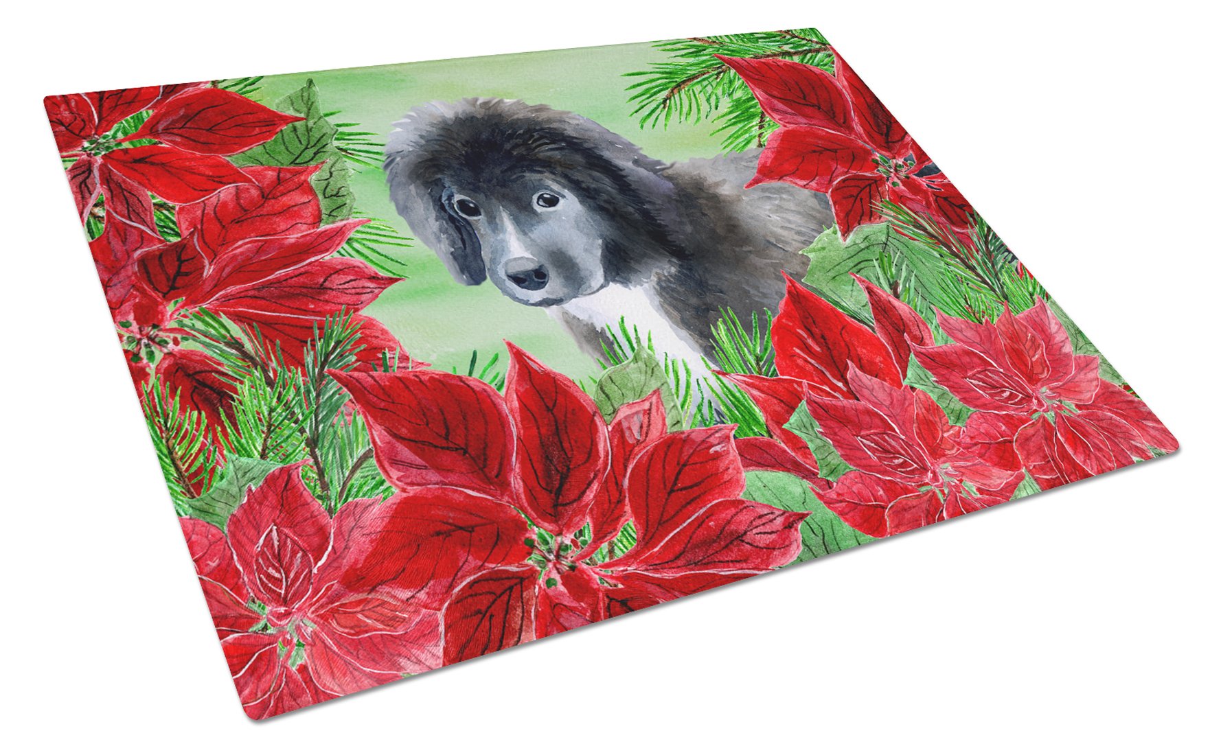 Newfoundland Puppy Poinsettas Cutting Board Tempered Glass Kitchen Cutting Surface, Heat Resistant Chopping, Non-Slip Feet, Food Prep & Serving