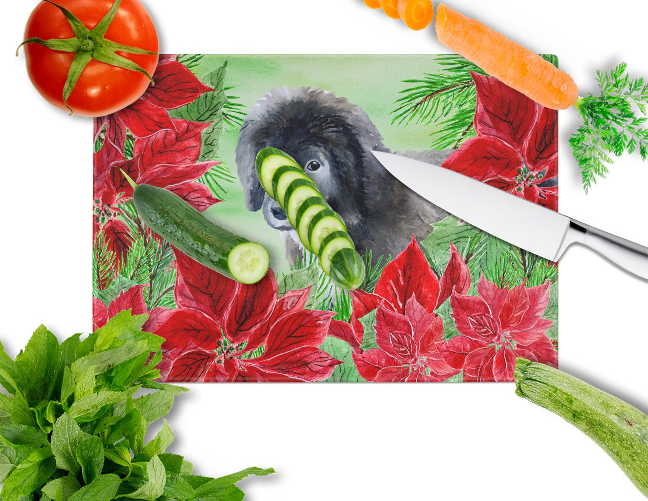 Newfoundland Puppy Poinsettas Cutting Board Tempered Glass Kitchen Cutting Surface, Heat Resistant Chopping, Non-Slip Feet, Food Prep & Serving