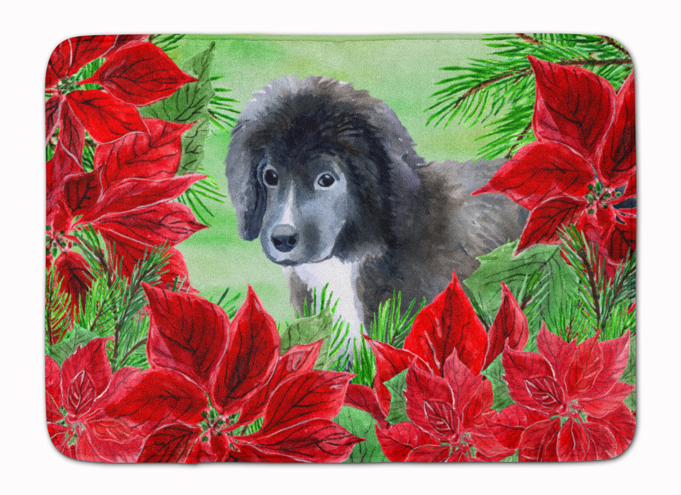 Newfoundland Puppy Poinsettas Memory Foam Kitchen Mat Machine Washable Anti-Fatigue Cushion Comfort Bath or Kitchen Rug