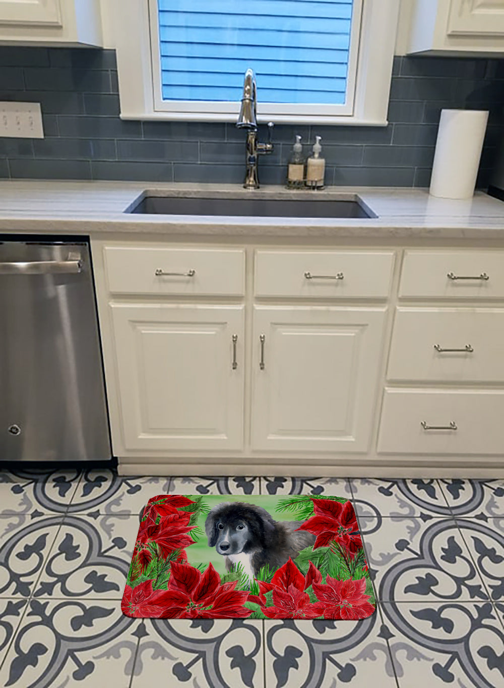 Newfoundland Puppy Poinsettas Memory Foam Kitchen Mat Machine Washable Anti-Fatigue Cushion Comfort Bath or Kitchen Rug