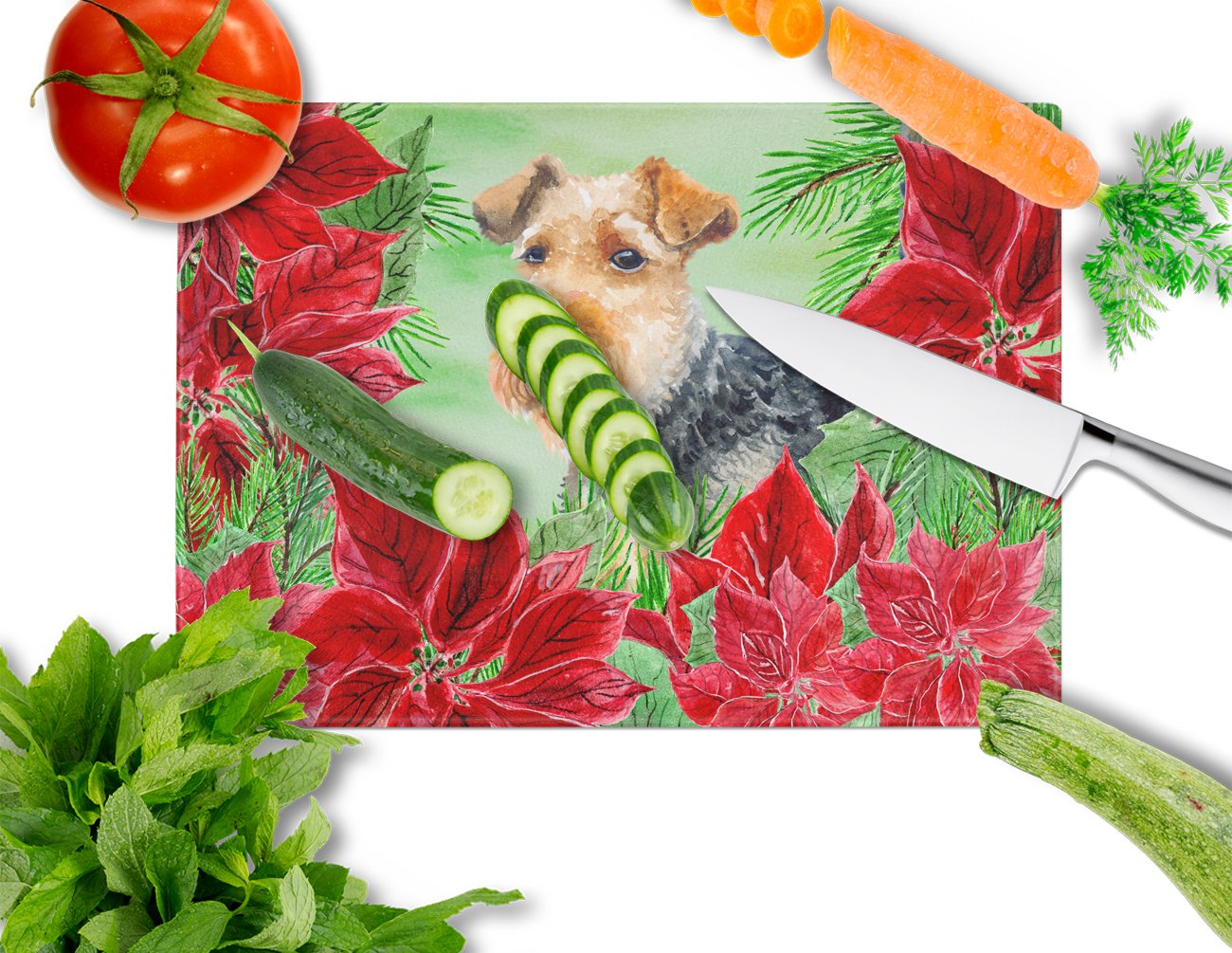 Welsh Terrier Poinsettas Cutting Board Tempered Glass Kitchen Cutting Surface, Heat Resistant Chopping, Non-Slip Feet, Food Prep & Serving