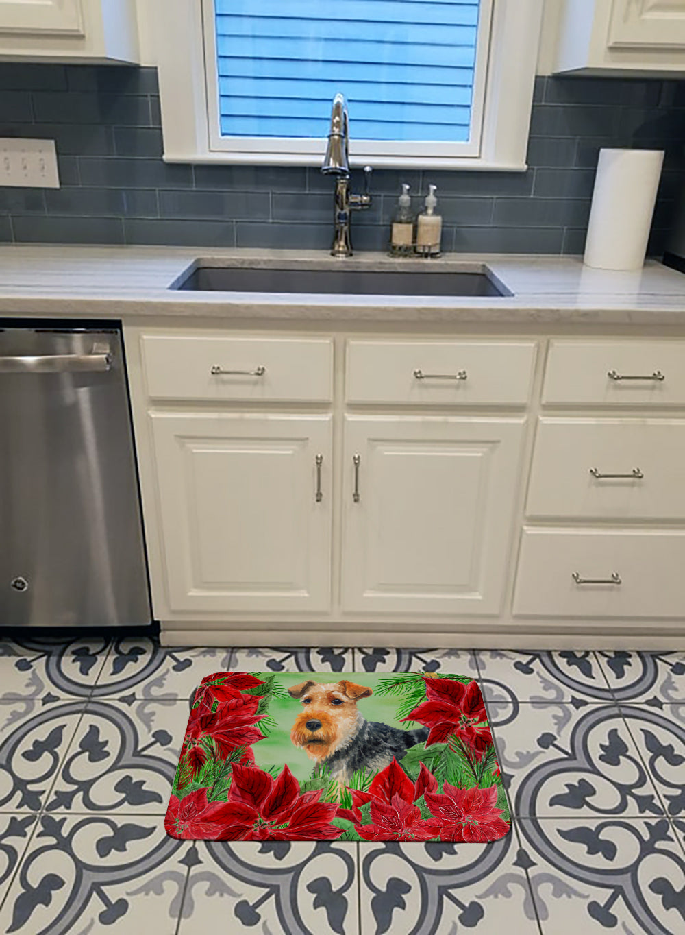 Welsh Terrier Poinsettas Memory Foam Kitchen Mat Machine Washable Anti-Fatigue Cushion Comfort Bath or Kitchen Rug
