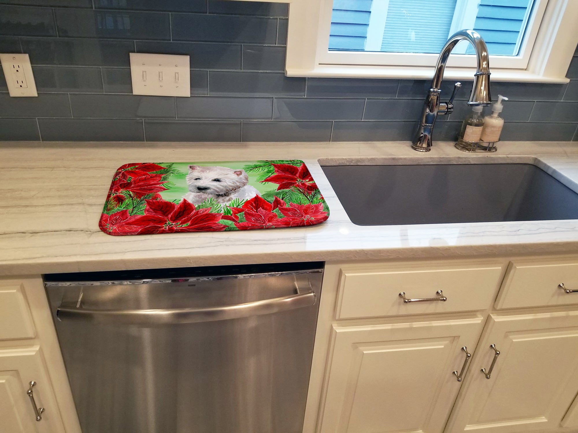 Westie Poinsettas Dish Drying Mat Absorbent Dish Drying Mat Pad for Kitchen Counter Dish Drainer Mat for Countertop, 14 x 21", Multicolor