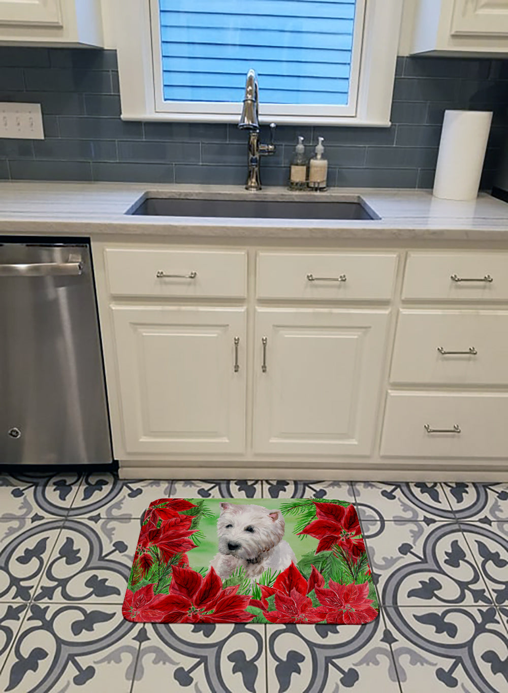 Westie Poinsettas Memory Foam Kitchen Mat Machine Washable Anti-Fatigue Cushion Comfort Bath or Kitchen Rug