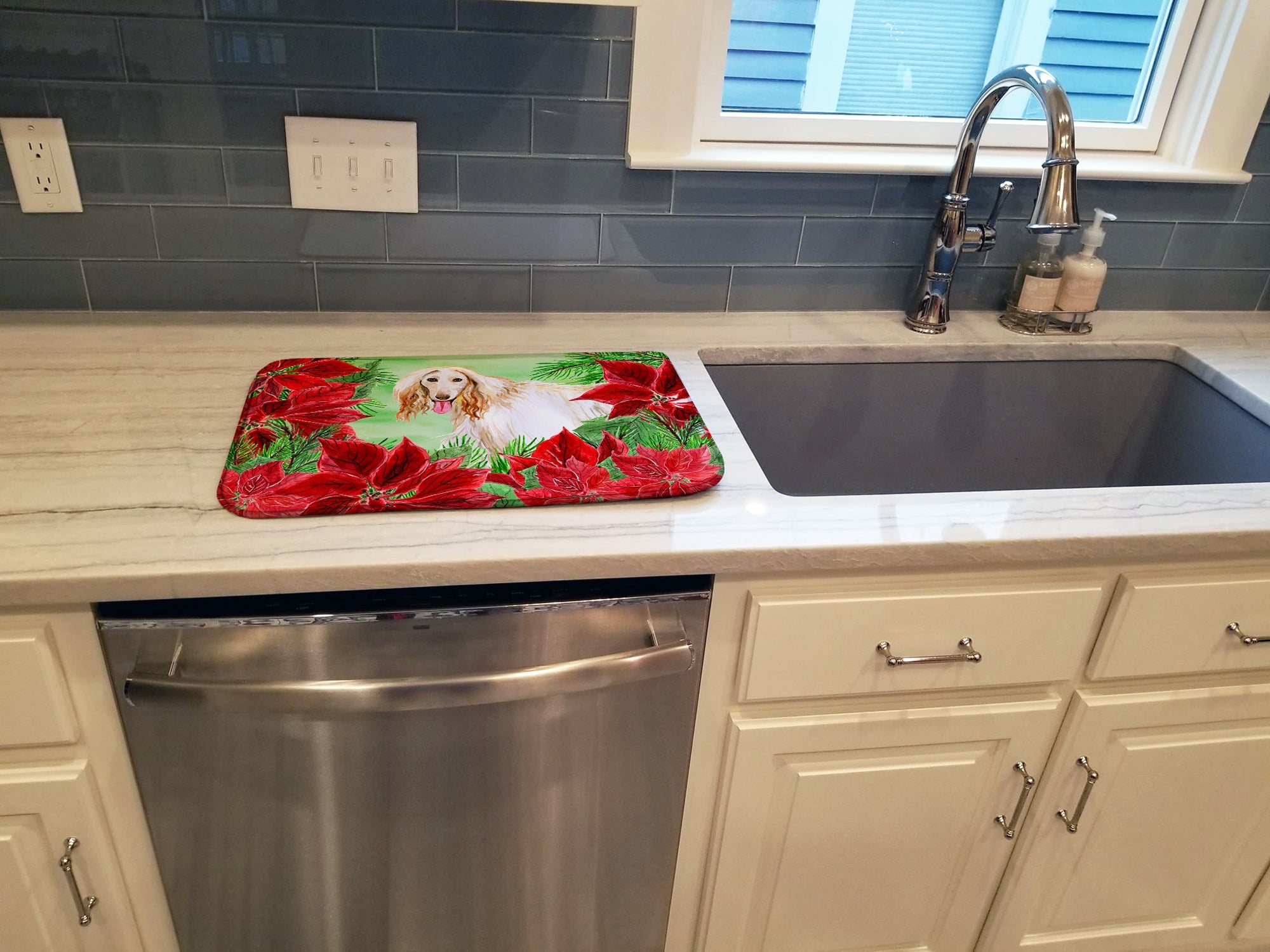 Afghan Hound Poinsettas Dish Drying Mat Absorbent Dish Drying Mat Pad for Kitchen Counter Dish Drainer Mat for Countertop, 14 x 21", Multicolor