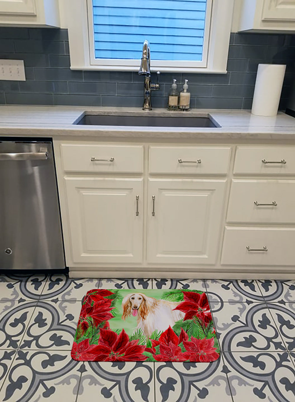 Afghan Hound Poinsettas Memory Foam Kitchen Mat Machine Washable Anti-Fatigue Cushion Comfort Bath or Kitchen Rug