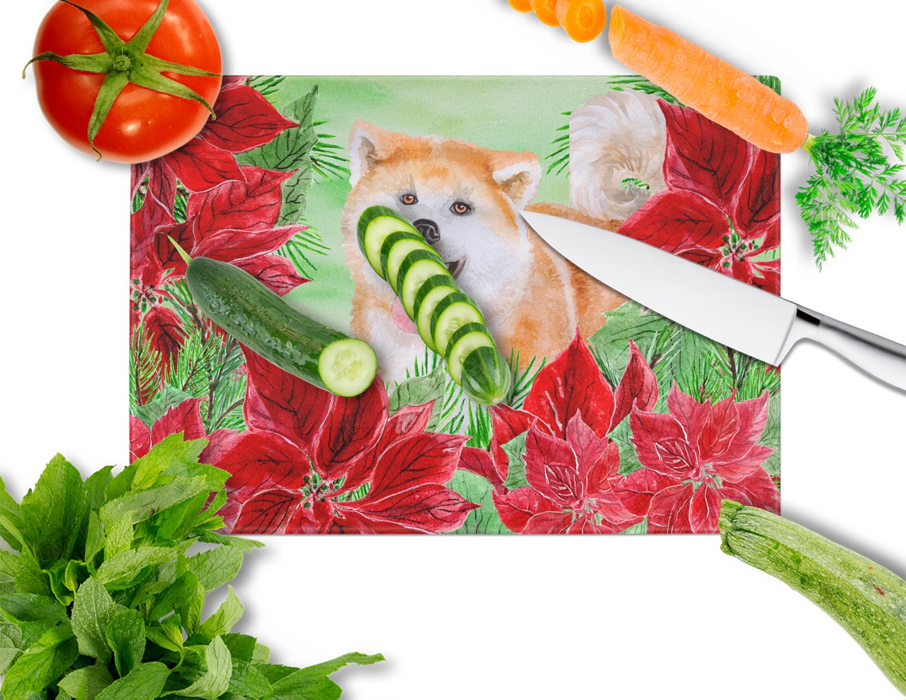 Akita Poinsettas Cutting Board Tempered Glass Kitchen Cutting Surface, Heat Resistant Chopping, Non-Slip Feet, Food Prep & Serving