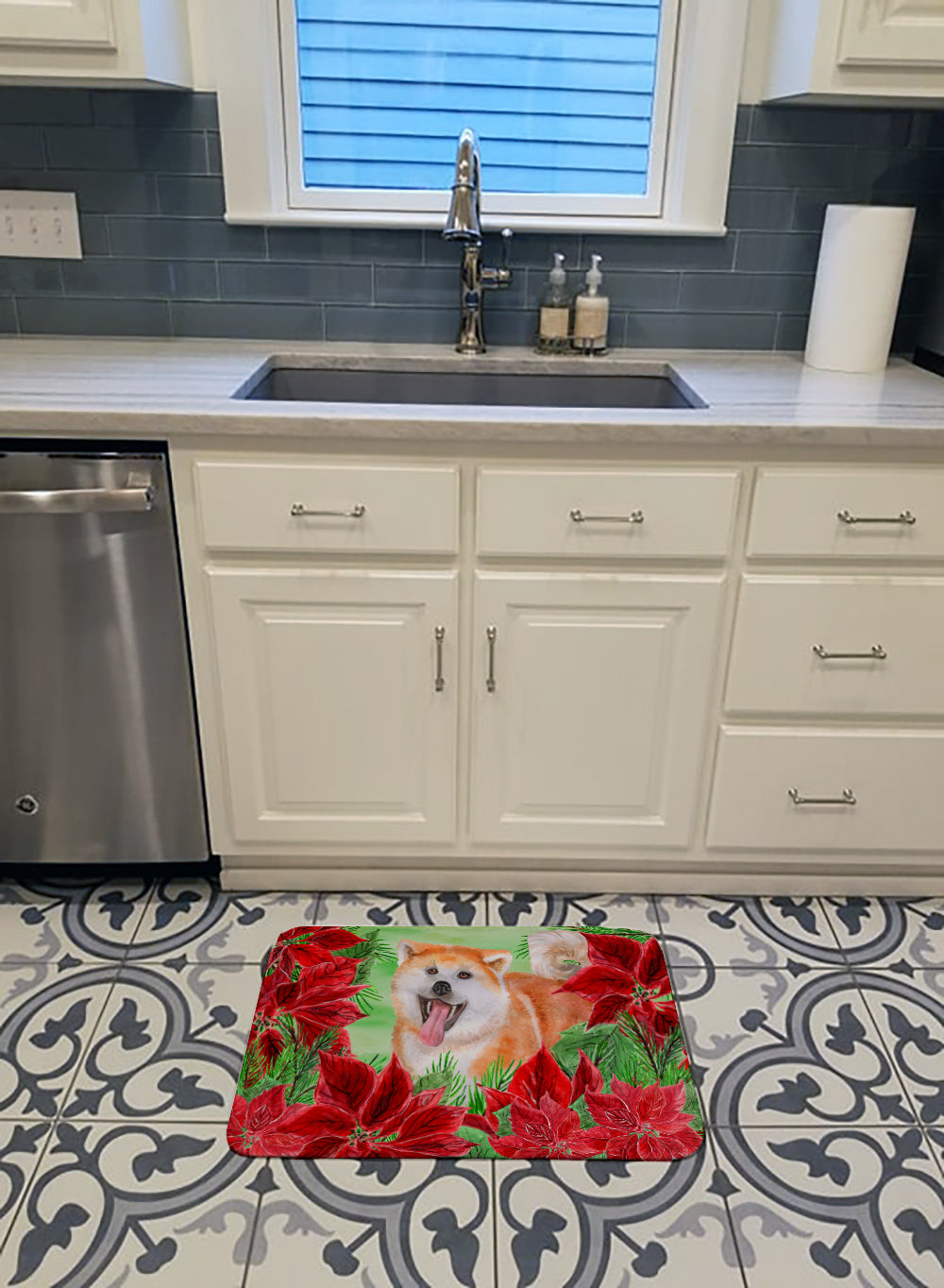 Akita Poinsettas Memory Foam Kitchen Mat Machine Washable Anti-Fatigue Cushion Comfort Bath or Kitchen Rug