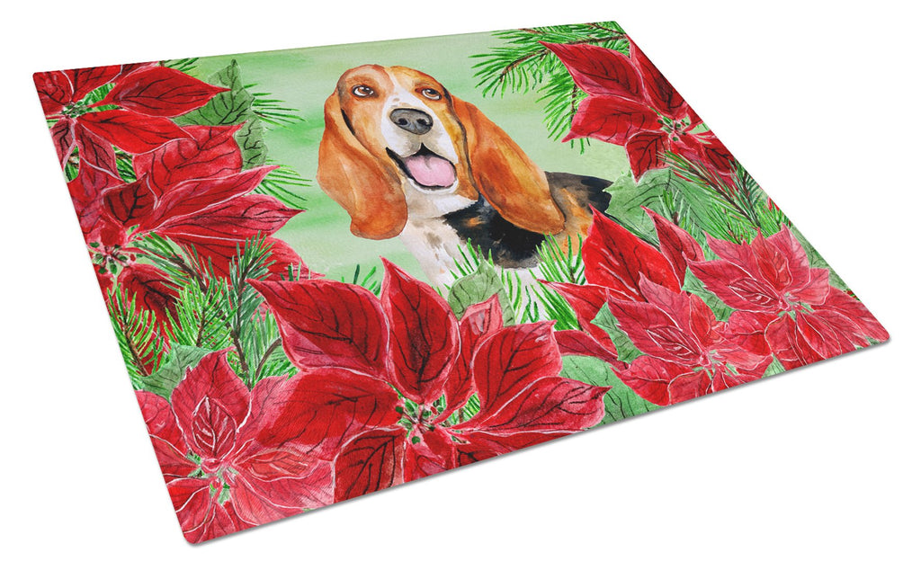 Basset Hound Poinsettas Cutting Board Tempered Glass Kitchen Cutting Surface, Heat Resistant Chopping, Non-Slip Feet, Food Prep & Serving