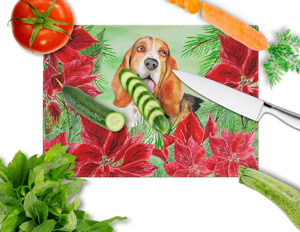 Basset Hound Poinsettas Cutting Board Tempered Glass Kitchen Cutting Surface, Heat Resistant Chopping, Non-Slip Feet, Food Prep & Serving