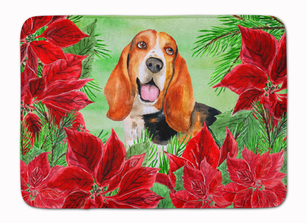 Basset Hound Poinsettas Memory Foam Kitchen Mat Machine Washable Anti-Fatigue Cushion Comfort Bath or Kitchen Rug