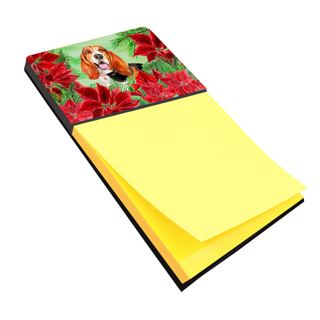 Basset Hound Poinsettas Watercolor Sticky Note Holder Refillable Dispenser Desk Accessory 3x3 Pad Gift