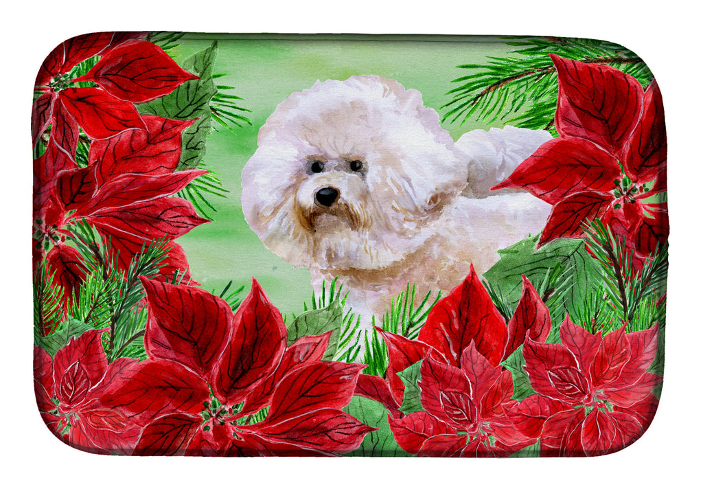Bichon Frise #2 Poinsettas Dish Drying Mat Absorbent Dish Drying Mat Pad for Kitchen Counter Dish Drainer Mat for Countertop, 14 x 21", Multicolor