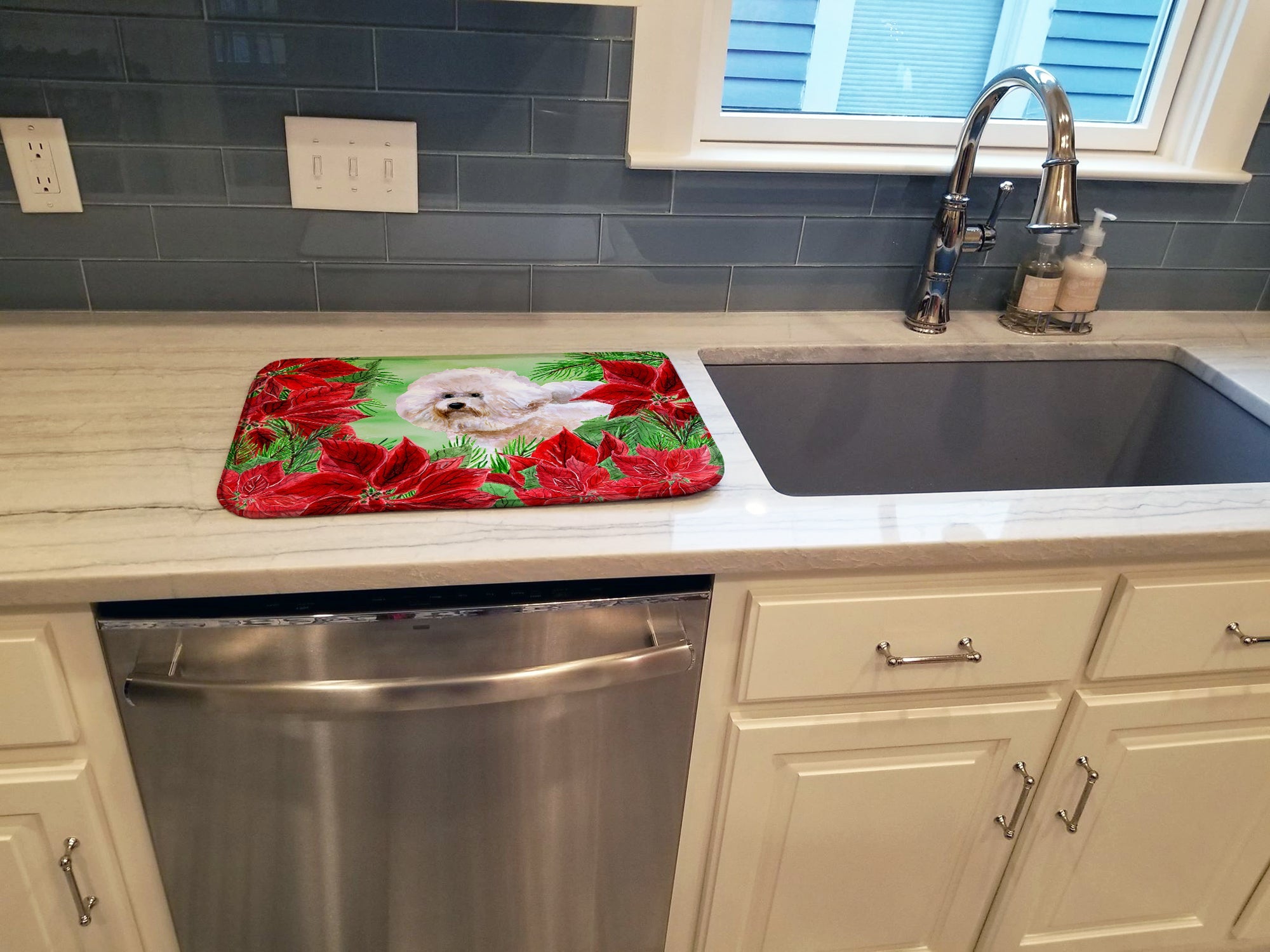 Bichon Frise #2 Poinsettas Dish Drying Mat Absorbent Dish Drying Mat Pad for Kitchen Counter Dish Drainer Mat for Countertop, 14 x 21", Multicolor
