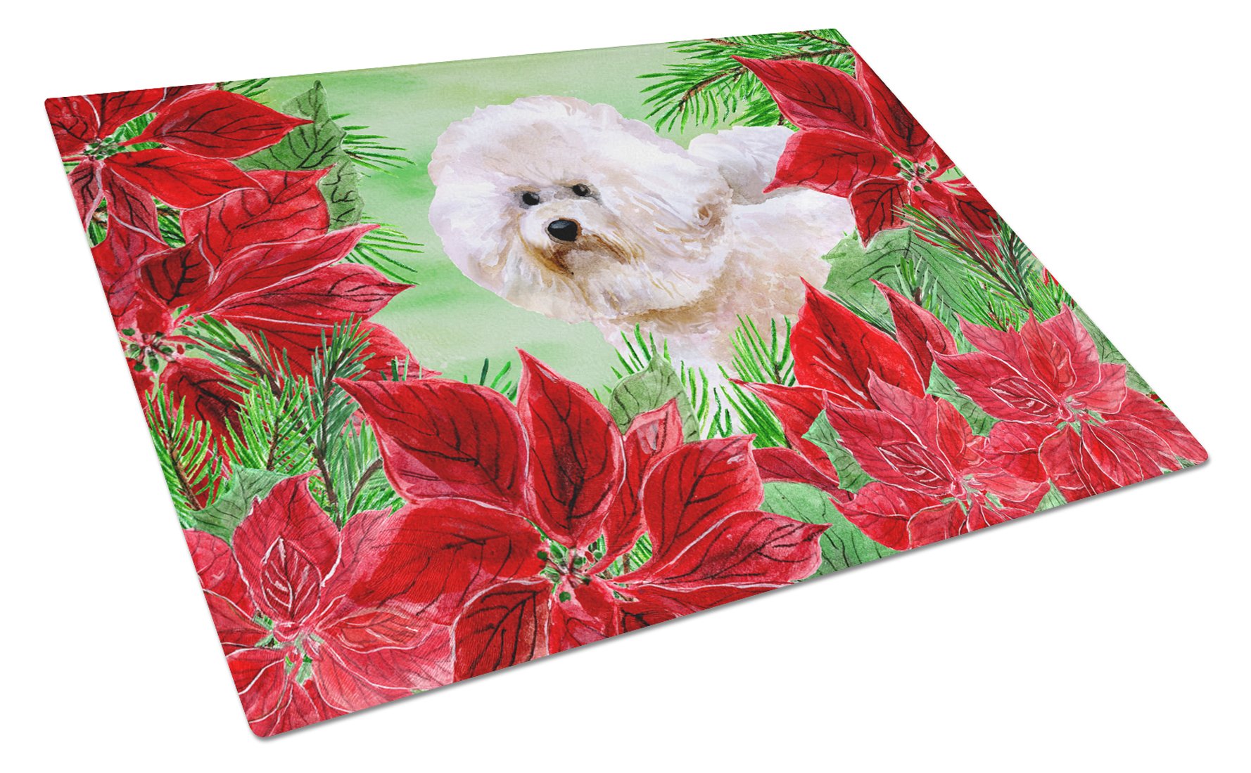 Bichon Frise #2 Poinsettas Cutting Board Tempered Glass Kitchen Cutting Surface, Heat Resistant Chopping, Non-Slip Feet, Food Prep & Serving