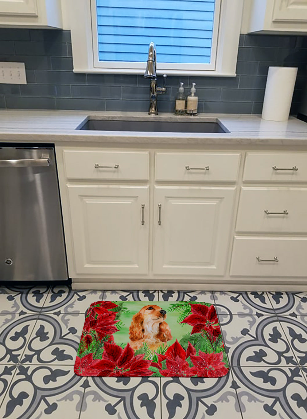Cocker Spaniel Poinsettas Memory Foam Kitchen Mat Machine Washable Anti-Fatigue Cushion Comfort Bath or Kitchen Rug