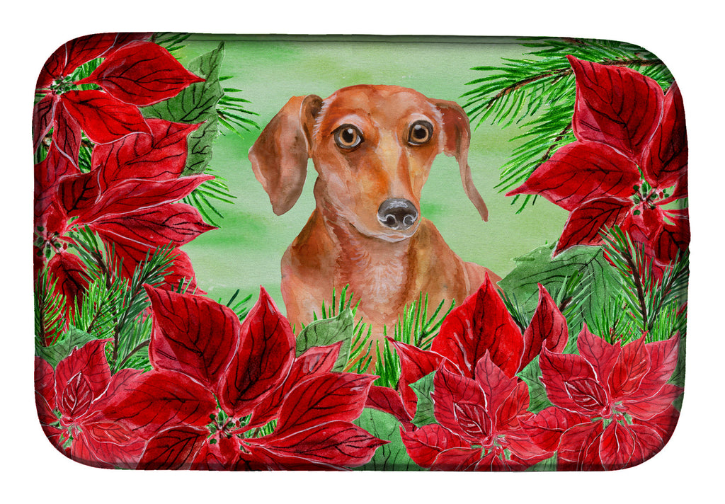 Red Dachshund Poinsettas Dish Drying Mat Absorbent Dish Drying Mat Pad for Kitchen Counter Dish Drainer Mat for Countertop, 14 x 21", Multicolor