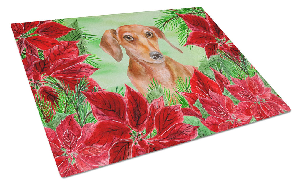 Red Dachshund Poinsettas Cutting Board Tempered Glass Kitchen Cutting Surface, Heat Resistant Chopping, Non-Slip Feet, Food Prep & Serving