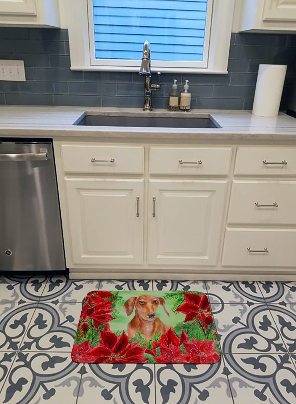 Red Dachshund Poinsettas Memory Foam Kitchen Mat Machine Washable Anti-Fatigue Cushion Comfort Bath or Kitchen Rug