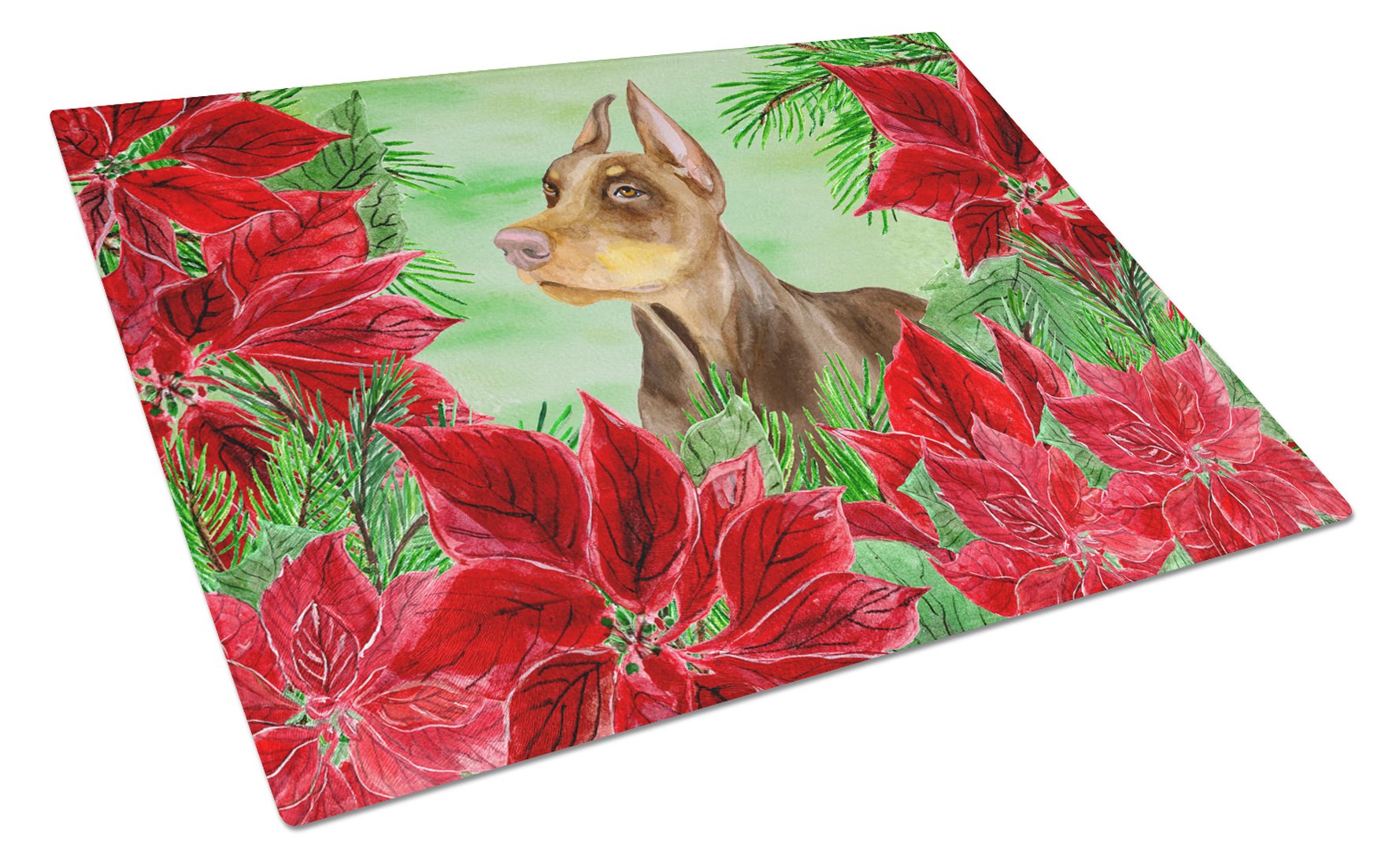 Doberman Pinscher Poinsettas Cutting Board Tempered Glass Kitchen Cutting Surface, Heat Resistant Chopping, Non-Slip Feet, Food Prep & Serving