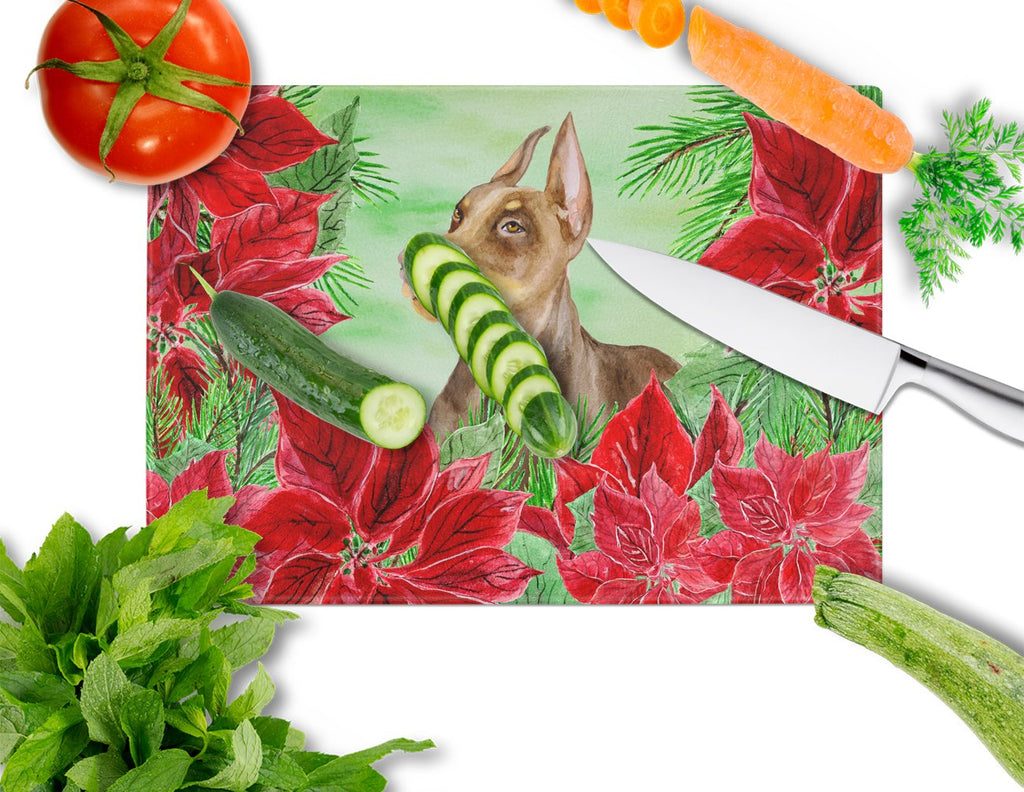 Doberman Pinscher Poinsettas Cutting Board Tempered Glass Kitchen Cutting Surface, Heat Resistant Chopping, Non-Slip Feet, Food Prep & Serving