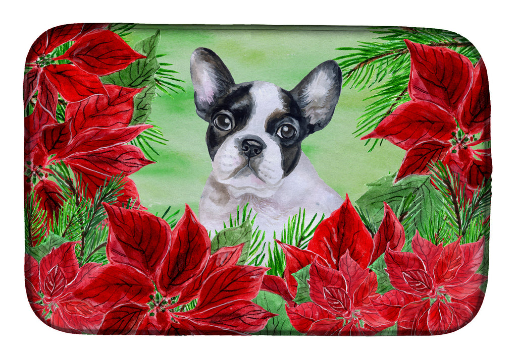 French Bulldog Black White Poinsettas Dish Drying Mat Absorbent Dish Drying Mat Pad for Kitchen Counter Dish Drainer Mat for Countertop, 14 x 21", Multicolor