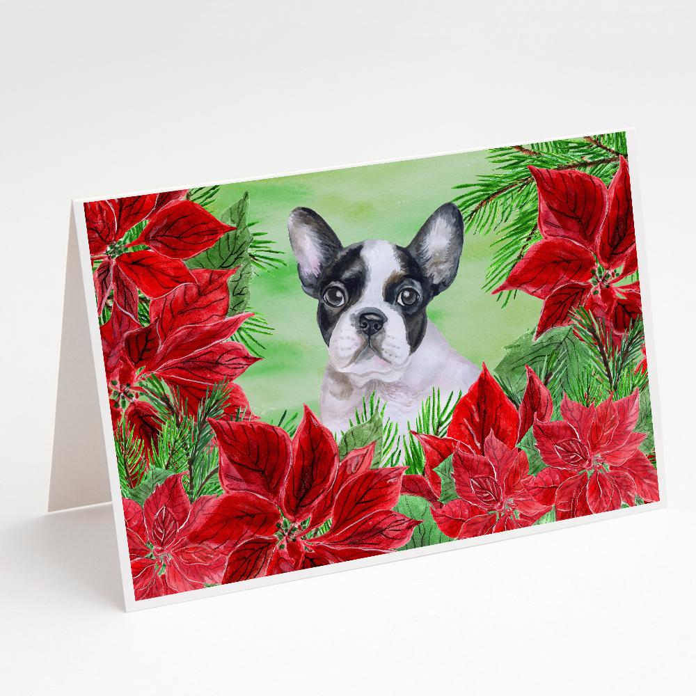 French Bulldog Black White Poinsettas Greeting Cards Pack of 8 Blank Cards with Envelopes Whimsical A7 Size 5x7