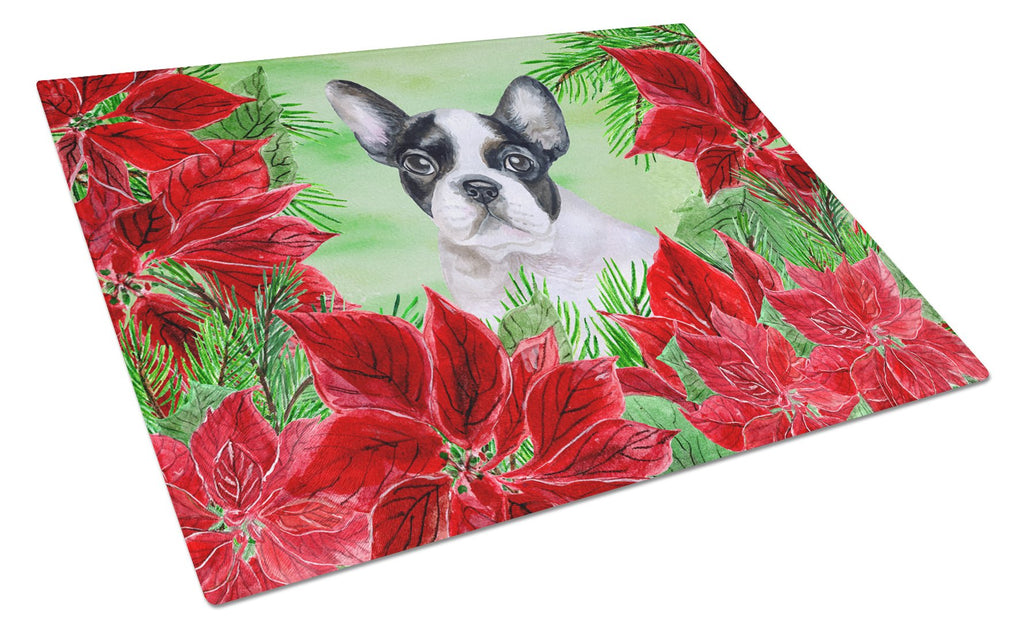 French Bulldog Black White Poinsettas Cutting Board Tempered Glass Kitchen Cutting Surface, Heat Resistant Chopping, Non-Slip Feet, Food Prep & Serving