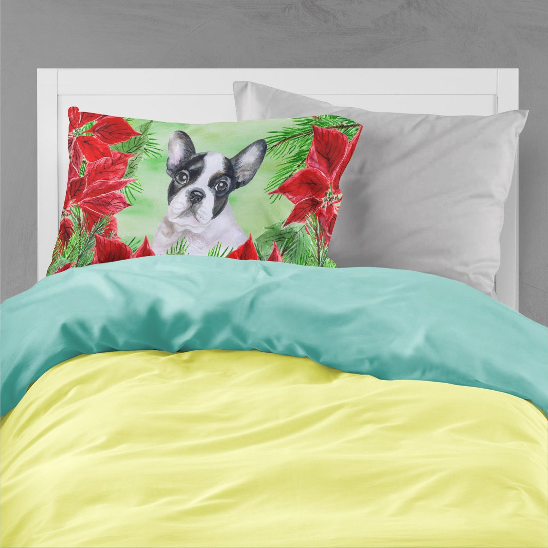 French Bulldog Black White Poinsettas Standard Pillowcase Lightweight Super Soft Easy Care Decorative Artwork Pillowcase, Standard