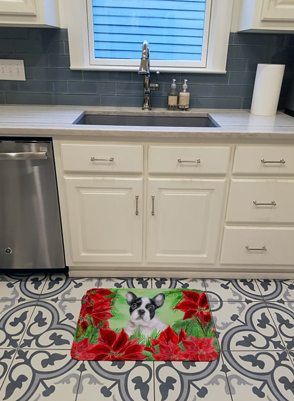 French Bulldog Black White Poinsettas Memory Foam Kitchen Mat Machine Washable Anti-Fatigue Cushion Comfort Bath or Kitchen Rug