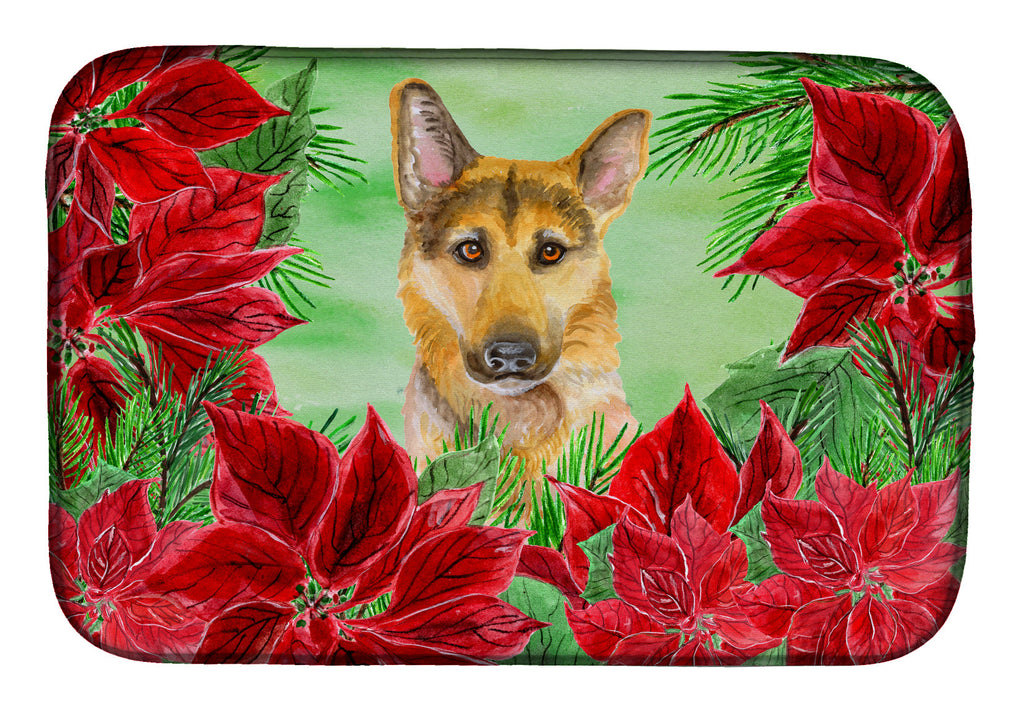 German Shepherd #2 Poinsettas Dish Drying Mat Absorbent Dish Drying Mat Pad for Kitchen Counter Dish Drainer Mat for Countertop, 14 x 21", Multicolor