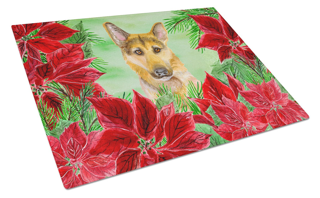 German Shepherd #2 Poinsettas Cutting Board Tempered Glass Kitchen Cutting Surface, Heat Resistant Chopping, Non-Slip Feet, Food Prep & Serving