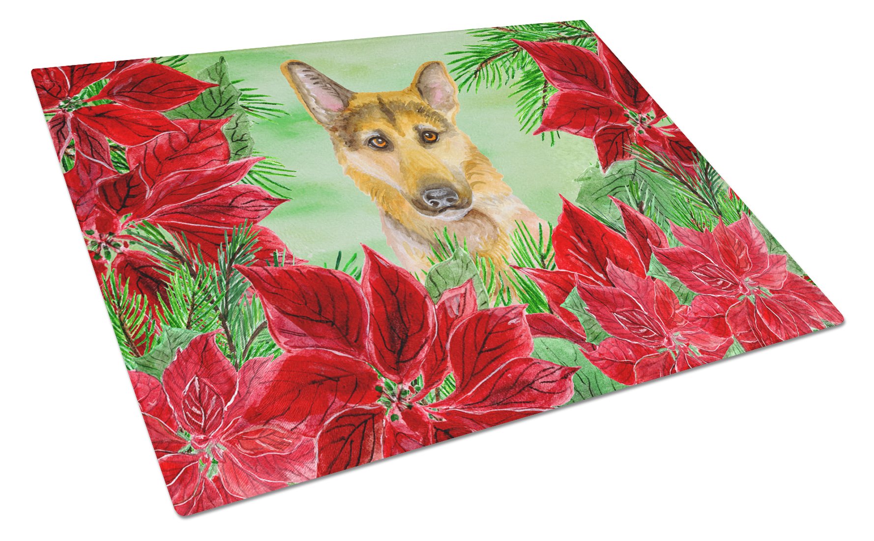 German Shepherd #2 Poinsettas Cutting Board Tempered Glass Kitchen Cutting Surface, Heat Resistant Chopping, Non-Slip Feet, Food Prep & Serving