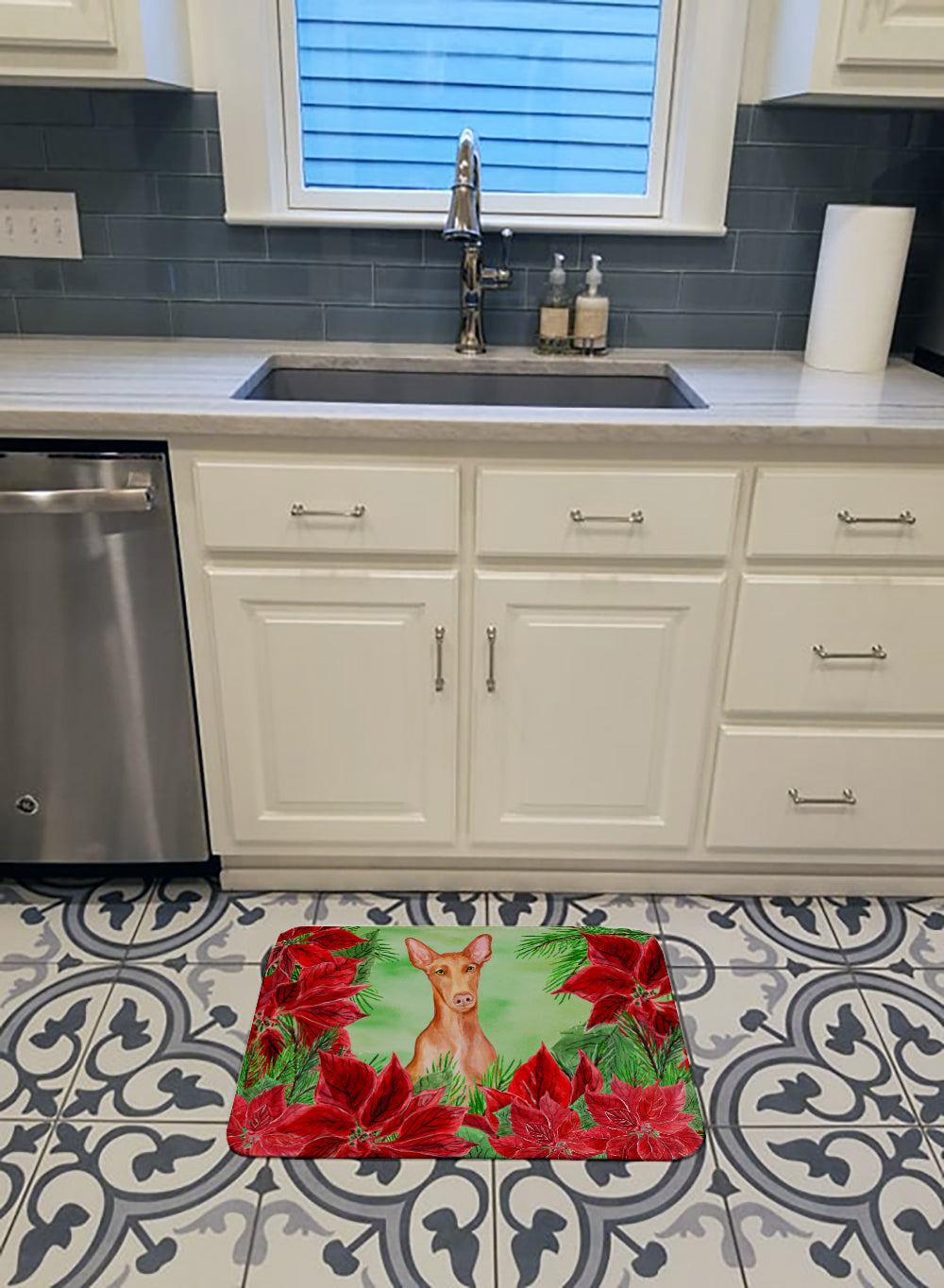 Pharaoh Hound Poinsettas Memory Foam Kitchen Mat Machine Washable Anti-Fatigue Cushion Comfort Bath or Kitchen Rug