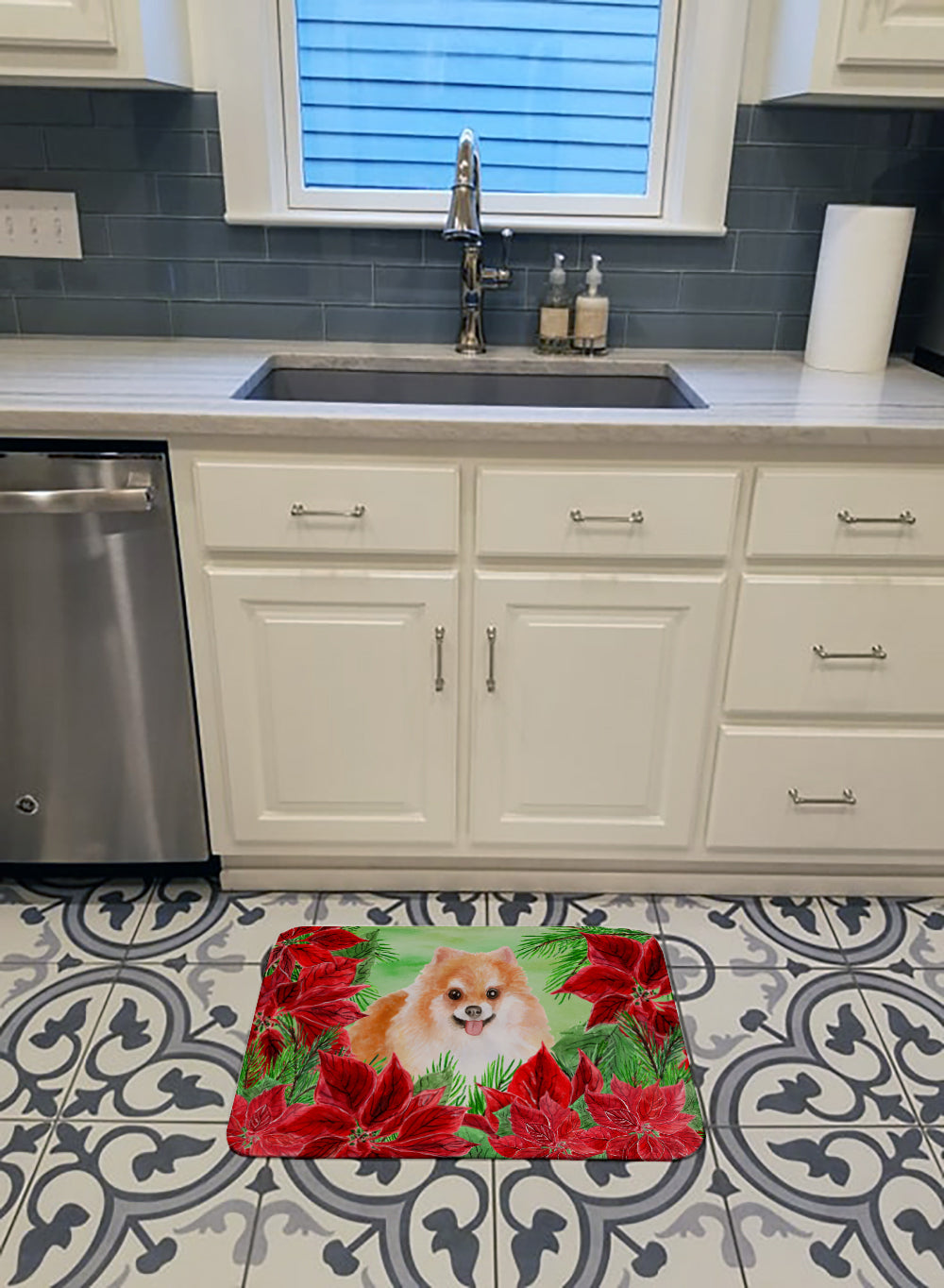 Pomeranian #2 Poinsettas Memory Foam Kitchen Mat Machine Washable Anti-Fatigue Cushion Comfort Bath or Kitchen Rug