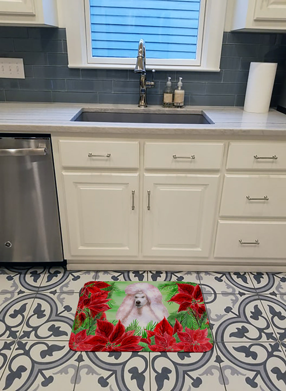 White Standard Poodle Poinsettas Memory Foam Kitchen Mat Machine Washable Anti-Fatigue Cushion Comfort Bath or Kitchen Rug