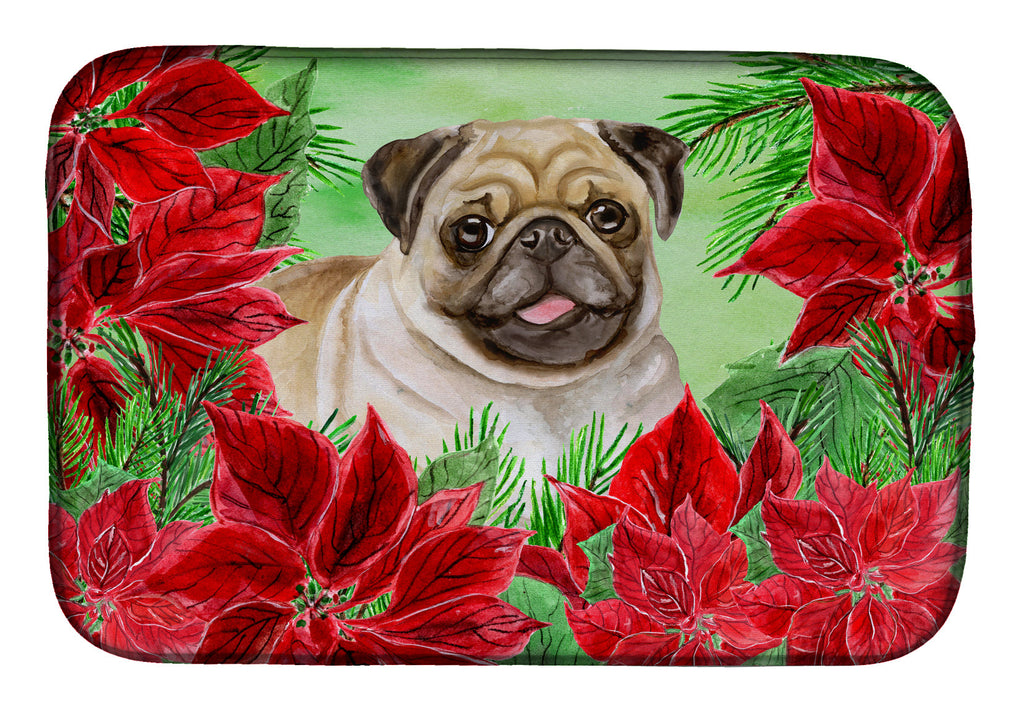 Fawn Pug Poinsettas Dish Drying Mat Absorbent Dish Drying Mat Pad for Kitchen Counter Dish Drainer Mat for Countertop, 14 x 21", Multicolor