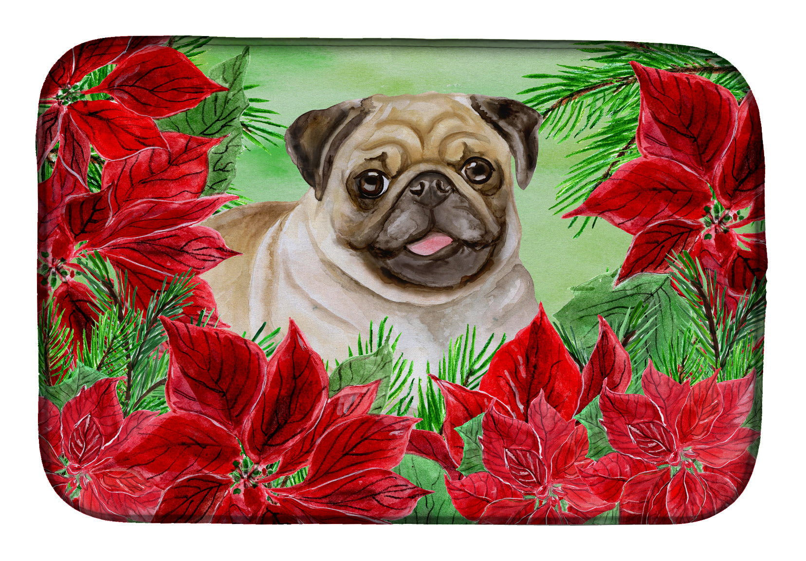 Fawn Pug Poinsettas Dish Drying Mat Absorbent Dish Drying Mat Pad for Kitchen Counter Dish Drainer Mat for Countertop, 14 x 21", Multicolor