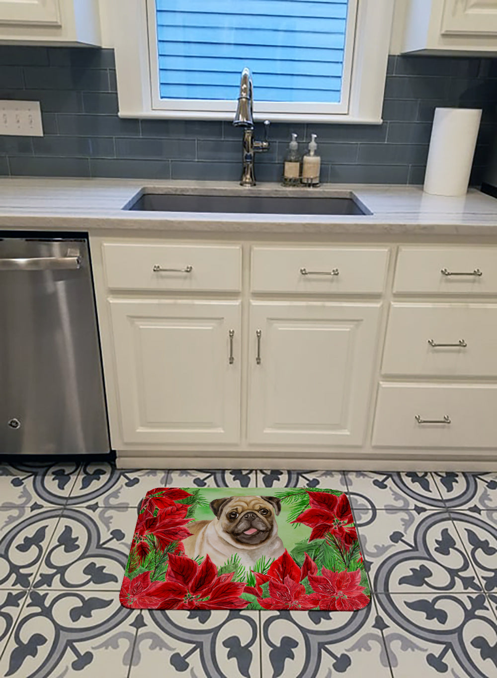 Fawn Pug Poinsettas Memory Foam Kitchen Mat Machine Washable Anti-Fatigue Cushion Comfort Bath or Kitchen Rug