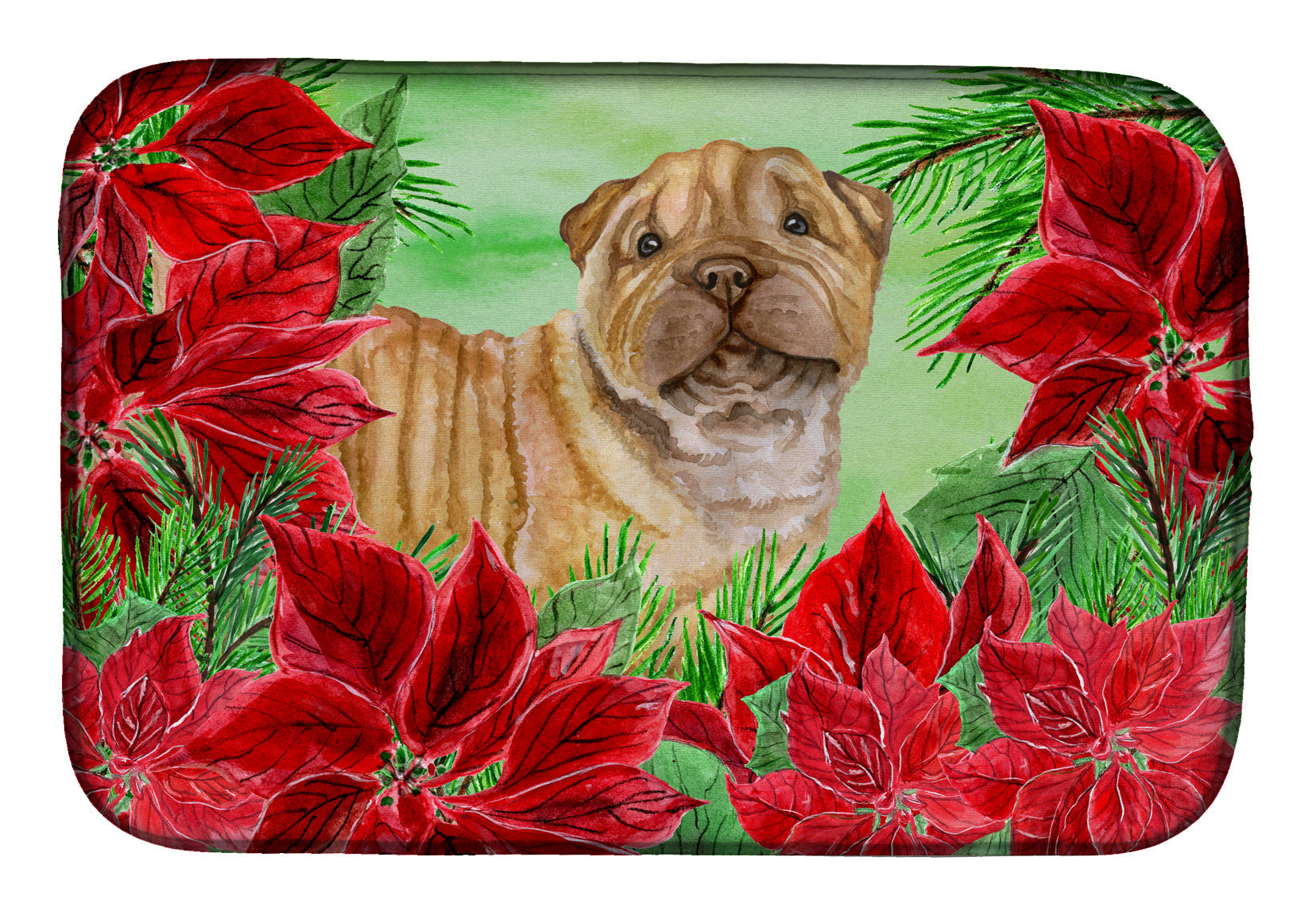 Shar Pei Puppy Poinsettas Dish Drying Mat Absorbent Dish Drying Mat Pad for Kitchen Counter Dish Drainer Mat for Countertop, 14 x 21", Multicolor