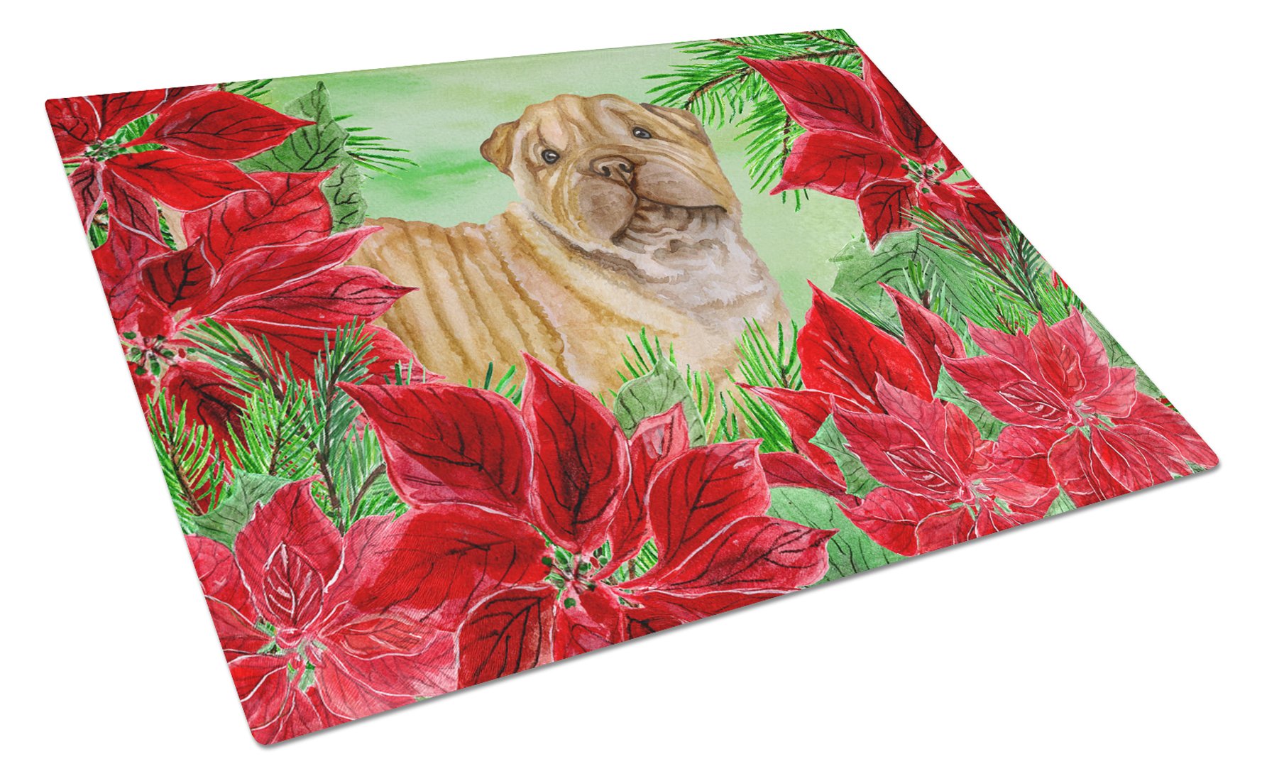 Shar Pei Puppy Poinsettas Cutting Board Tempered Glass Kitchen Cutting Surface, Heat Resistant Chopping, Non-Slip Feet, Food Prep & Serving