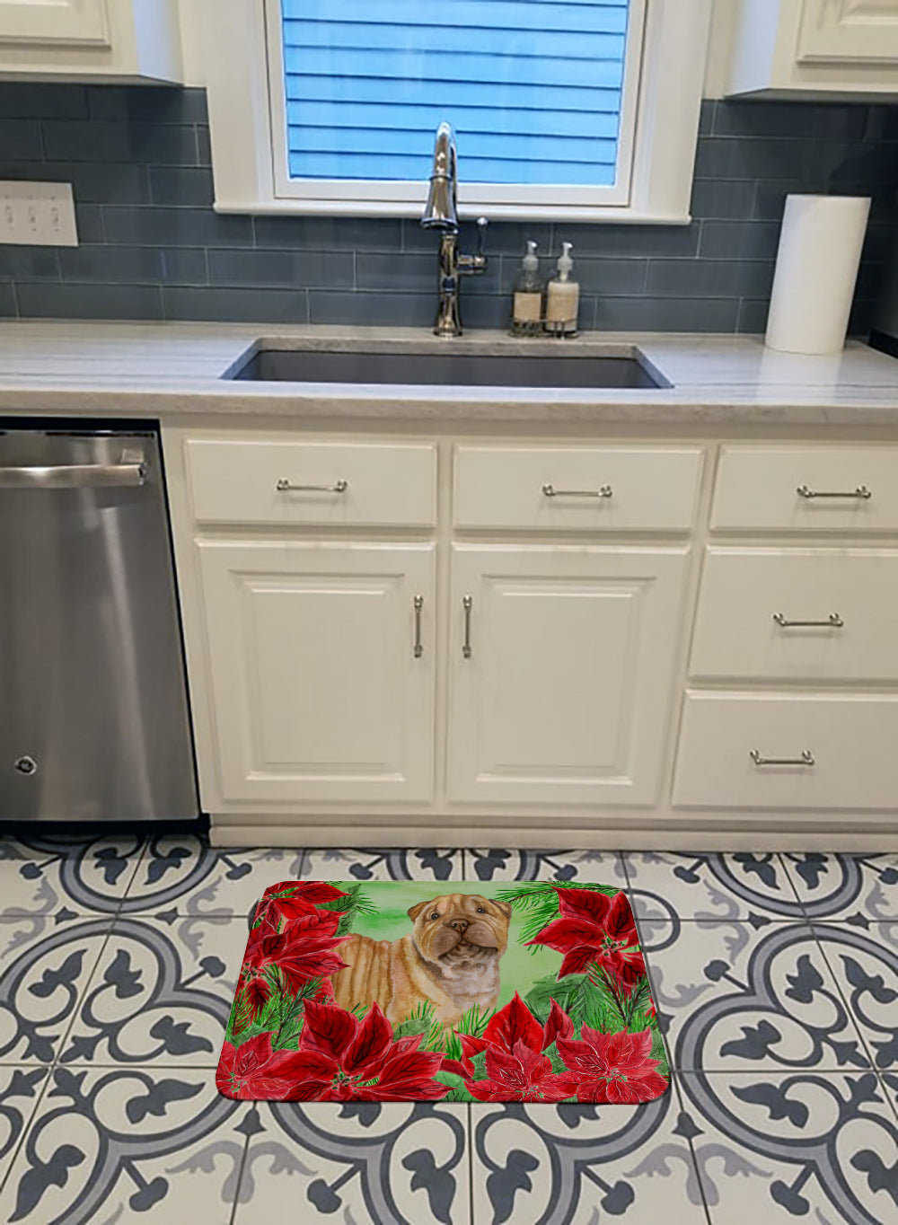 Shar Pei Puppy Poinsettas Memory Foam Kitchen Mat Machine Washable Anti-Fatigue Cushion Comfort Bath or Kitchen Rug