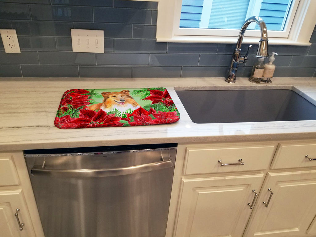 Sheltie Poinsettas Dish Drying Mat Absorbent Dish Drying Mat Pad for Kitchen Counter Dish Drainer Mat for Countertop, 14 x 21", Multicolor