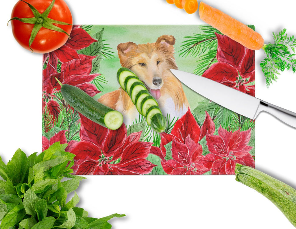 Sheltie Poinsettas Cutting Board Tempered Glass Kitchen Cutting Surface, Heat Resistant Chopping, Non-Slip Feet, Food Prep & Serving