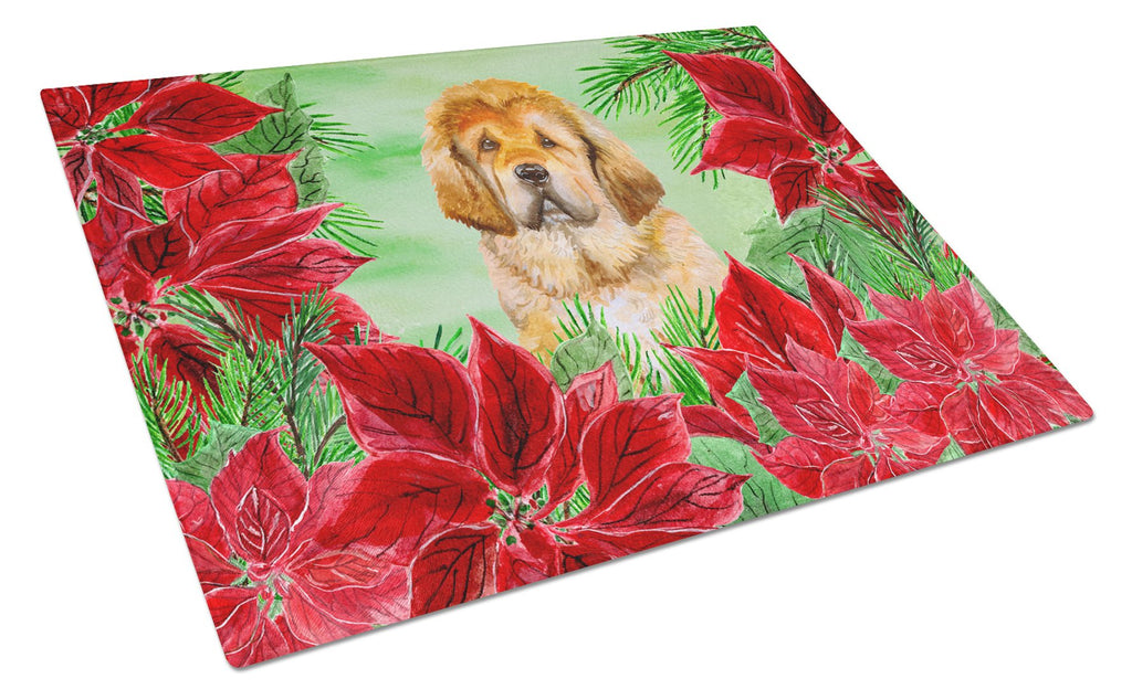 Tibetan Mastiff Poinsettas Cutting Board Tempered Glass Kitchen Cutting Surface, Heat Resistant Chopping, Non-Slip Feet, Food Prep & Serving